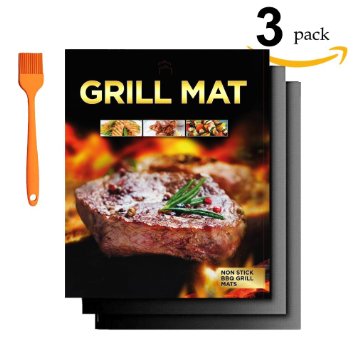 BBQ Grill Mat - Set of 3 (16 x 13 Inch) Durable, Non-Stick Grilling Mats, Heat Resistant and Dishwasher Safe ,Use on Gas, Charcoal, Electric BBQ Grills . with Basting Brush