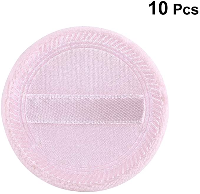 Frcolor 10pcs Powder Puff Pure Cotton Round Makeup Puff with Strap for Powder Foundation Loose Mineral Powder Body Powder (5.5 x 7mm Random Color)
