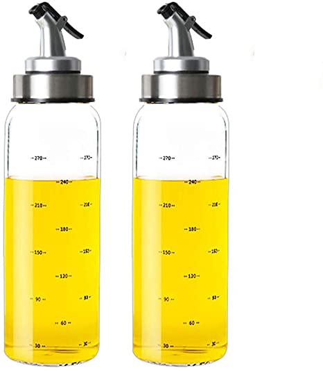 Glass Oil and Vinegar Dispenser, (set of 2) Olive Oil Dispenser, Wide Opening for Easy Refill and Cleaning, Clear Glass Oil Bottle, BPA Free Pouring Spouts, 10 Oz. Cruet Set