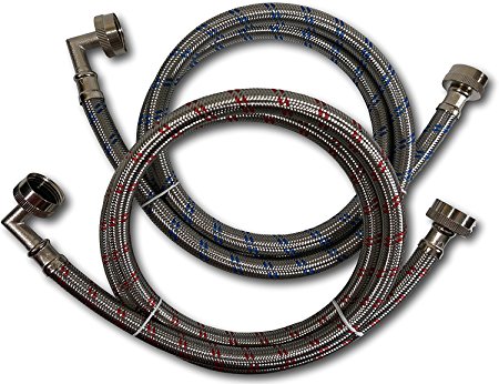 Premium Stainless Steel Washing Machine Hoses with 90 Degree Elbow, 4 Ft Burst Proof (2 Pack) Red and Blue Striped Water Connection Inlet Supply Lines - Lead Free