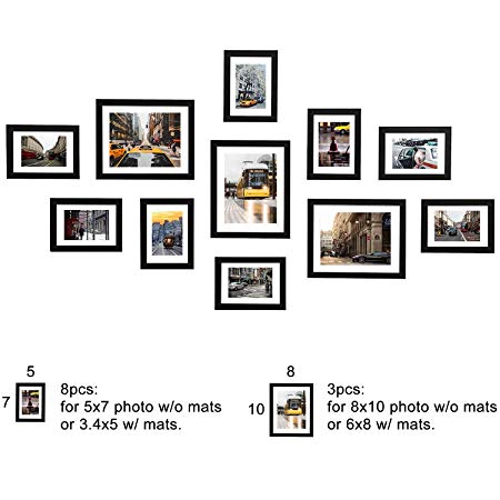 WOOD MEETS COLOR Wall Picture Frames Set of 11, with Hanging Template, Real Glass Window and Photo Mats, 3-8x10 and 8-5x7 Collage Frames(Black)