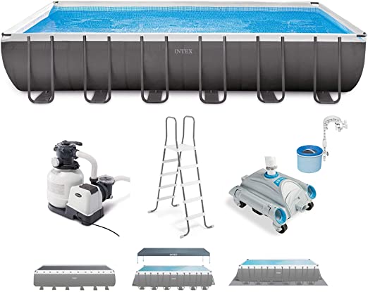 Intex 26363EH Ultra XTR 24' x 12' x 52" Frame Above Ground Rectangular Swimming Pool with Pump, Automatic Vacuum Cleaner & Automatic Mounted Skimmer