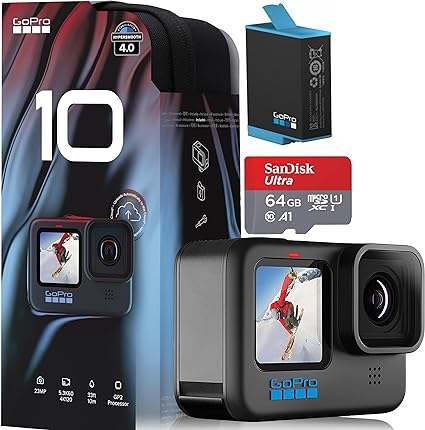 GoPro Hero10 Black   64GB SanDisk SD Card - Waterproof Action Camera with Front LCD and Touch Rear Screens, 5.3K60 Ultra HD Video, 23MP Photos, 1080p Live Streaming, Webcam, Stabilization