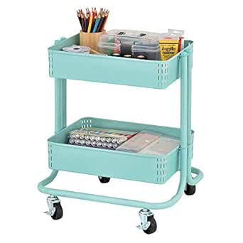 ECR4Kids 2-Tier Metal Rolling Utility Cart - Under Desk Office Storage, Multipurpose Mobile Organizer, Teal