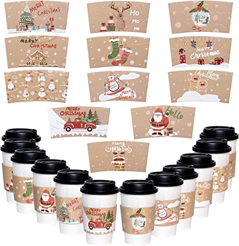 24 Packs Christmas Santa Coffee Cups Sleeves, Hmxpls Disposable Hot Chocolate Cocoa Cup Sleeves for 12oz 16oz Hot Drinks & Cold Beverage, Holiday Snowman Xmas Cups Thicken Paper Sleeves, 12 Designs