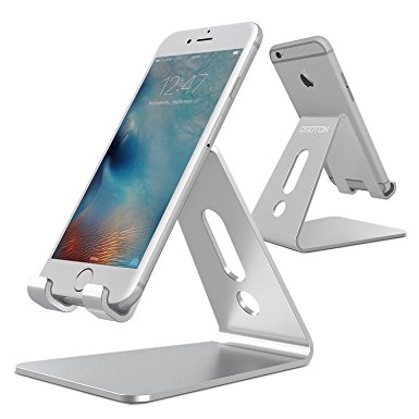 [Updated Solid Version] OMOTON Desktop Cell Phone Stand Tablet Stand, Advanced 4mm Thickness Aluminum Stand Holder for Mobile Phone (All Size) and Tablet (Up to 10.1 inch), Grey