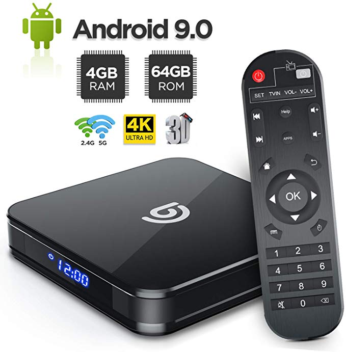 Android 9.0 TV Box, 4GB RAM, 64GB ROM, Dual WiFi, Quad Core and Supporting 4K (60Hz) Full HD/H.265/WiFi