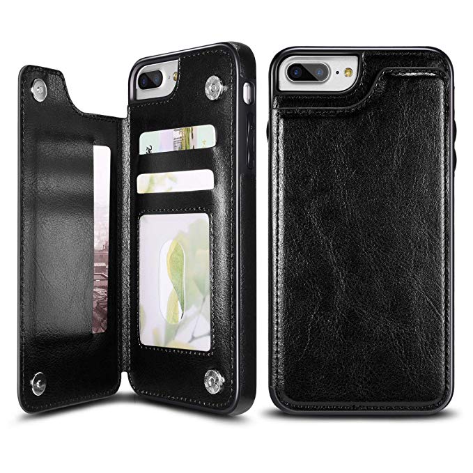 UEEBAI Case for iPhone 7 iPhone 8, Luxury PU Leather Case with [Two Magnetic Clasp] [Card Slots] Stand Function Durable Shockproof Soft TPU Case Back Wallet Flip Cover for iPhone 7/iPhone 8 - Black