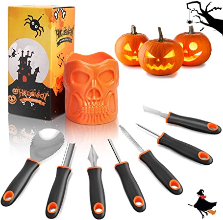 Henscoqi Pumpkin Carving Kit 7 Packs Carving Tools Set, Pumpkin Carving Set Jack-O-Lantern Sculpting Set with Heavy Duty Stainless Steel Durable Handle, Halloween Decoration Set with Storage Skull Cup