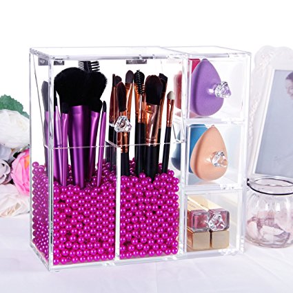 Langforth Brush Holder Lipstick Puff Drawer Dustproof Box Premium Quality 5mm Thick Makeup Acrylic Organizsr Cosmetic Storage Display All In One Case Lid With Free Rosy Pearl