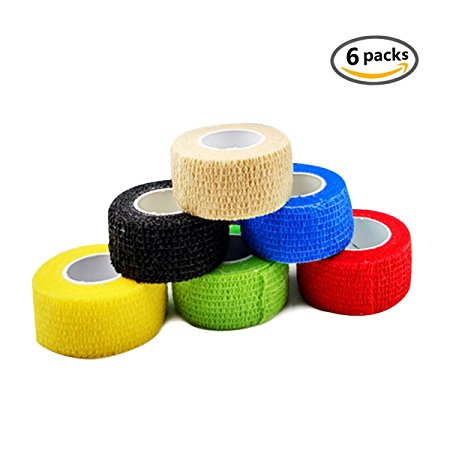 Self Adherent Wrap Tape Medical Cohesive Bandages Flexible Stretch Athletic Strong Elastic First Aid Tape for Sports Sprain Swelling and Soreness on Wrist and Ankle colorful 6 Pack 1Inch X 5Yards