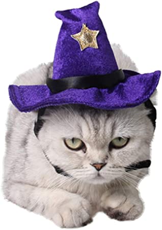 ANIAC Pet Halloween Costume Adjustable Magic Witch Hat with Bell Star Decor for Cats and Small Dogs Purple