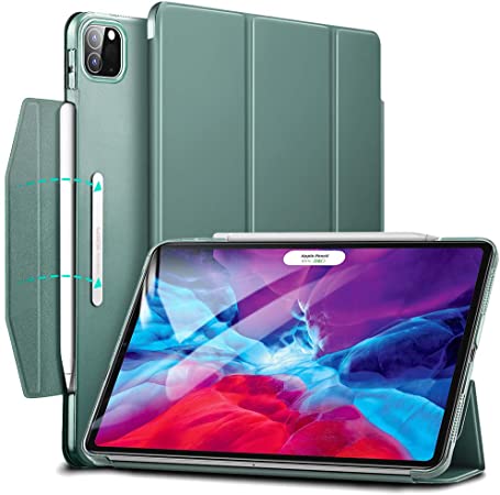 ESR Yippee Trifold Smart Case for iPad Pro 12.9 2020 & 2018, Lightweight Stand Case with Clasp, Auto Sleep/Wake [Supports Pencil 2 Wireless Charging], Hard Back Cover for iPad Pro, Forest Green