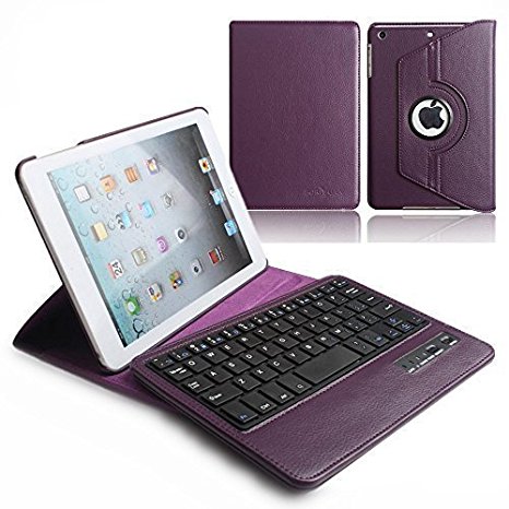 iPad Mini Keyboard Case, Boriyuan 360 Degrees Rotating Stand Detachable Wireless Bluetooth Keyboard PU Leather Cover for Apple iPad Mini 1/Mini 2/Mini 3 with Screen Protector and Stylus, Purple