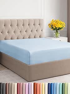 Full Size Fitted Bed Sheet - Hotel Luxury Single Fitted Sheet Only - Fits Mattress Up to 16 - Extra Soft, Wrinkle Free, Breathable & Cooling - Bottom Fitted Sheet - Sky Blue Single Fitted Sheet Only