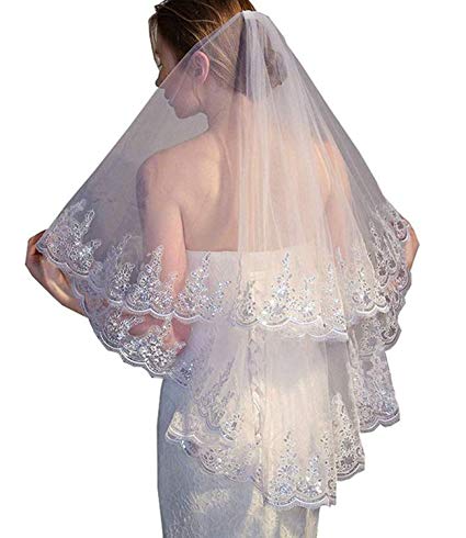 2 Tier Lace Sequins Edge Bridal Wedding Veil with Comb Fingertip Length