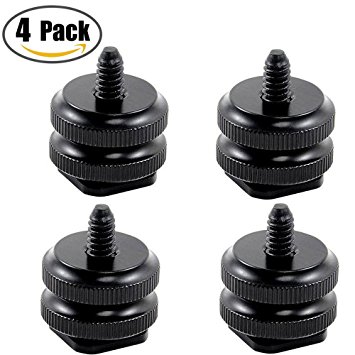 Camera Hot Shoe Adapter Hot Shoe Mount w/ Double Nuts to 1/4"-20 Tripod Screw Adapter, Flash Shoe Mount for DSLR Camera Rig (Pack of 4)