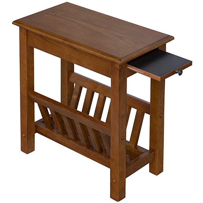 HOMCOM Modern 2-Tier Acacia Wood End Table Side Desk with Cup Holder and Lower Shelf - Dark Oak