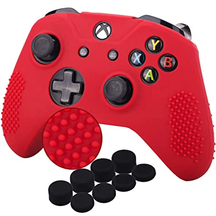 YoRHa Studded Silicone Cover Skin Case for Microsoft Xbox One X & Xbox One S Controller[After 8.2016 Model] x 1(Red) with Pro Thumb Grips 8 Pieces