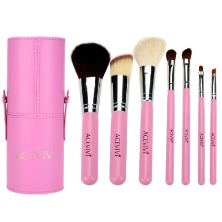 ACEVIVI 7 pcs Premium Kabuki Pink Makeup Brush Set Face Powder Foundation Eye Cosmetic Brush Kit with Roller Case