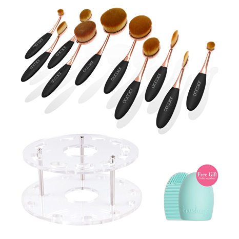 Docolor 10pc Oval Makeup Brush Set with Brush Holder Cosmetic Storage Organizer and Cleaner Tool (Golden Update with Holder)