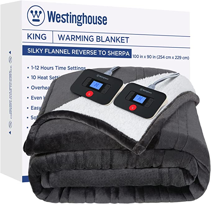 Westinghouse Electric Blanket Heated Blanket | 10 Heating Levels & 1 to 12 Hours Heating Time Settings | Flannel to Sherpa Reversible 90x100 King Size | Machine Washable, Charcoal