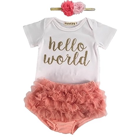 Newborn Infant Baby Girls Hello World Clothing 3pcs Romper Clothes Gauze pants Flower Headband