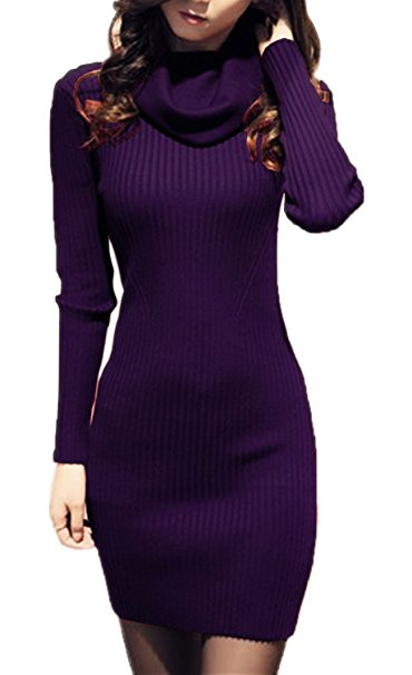 V28® Women Cowl Neck Knit Stretchable Elasticity Long Sleeve Slim Fit Sweater Dress