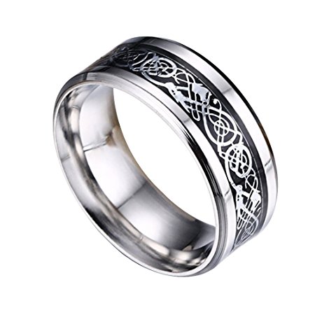 Contever® Stainless Steel Dragon Pattern Beveled Edges Celtic Rings Band Jewelry Comfort Fit Men For Anniversary/Engagement/Wedding Band - Size 12#