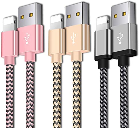 Phone Charger Cable, Charging Cord 3Pack (5FT 5FT 6.6FT) Nylon Braided Durable Charger Cord Fast Charging Compatible Phone X/Xs/Xr/8/8Plus/7/7Plus/6/6Plus/5/5SE Pad Pod & More (Sliver Pink Gold)