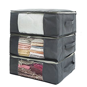 INTHouse SamiTime Bamboo Clothing Storage Zippered Bags Room Closet Linens Organizer with Clear Viewing Window-Set of 3