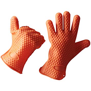 Silicone Heat Resistant Grilling BBQ and Cooking Gloves Set Directly Manage Hot Food Perfect for Use in the Kitchen Handling All High Temperature Foods Use 10 Fingers Making It Easier to Handle Hot Food Great in Indoors and Outside (Orange)