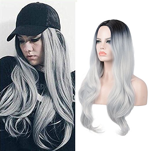 BARSDAR 27.5" Ombre Gray 2 Tones Synthetic Wig Dark Roots Long Natural Wavy Curly Silver Grey Full Head Hair Replacement Wigs for Women
