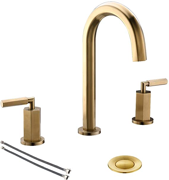 2 Handles 3 Holes Brass Widespread Brushed Gold Bathroom Faucet By Phiestina, Bathroom Sink Faucet With Stainless Steel Metal Pop Up Drain,NS-WF001-6-BG