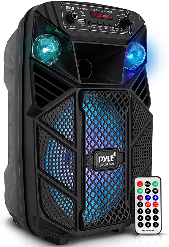 Portable Bluetooth PA Speaker System - 300W Rechargeable Outdoor Bluetooth Speaker Portable PA System w/ 8” Subwoofer 1” Tweeter, Microphone in, Party Lights, MP3/USB, Radio, Remote - Pyle PPHP838B