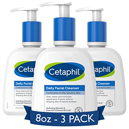 Face Wash by CETAPHIL, Daily Facial Cleanser for Sensitive, Combination to Oily Skin, NEW 8 oz 3 Pack, Gentle Foaming, Soap Free, Hypoallergenic