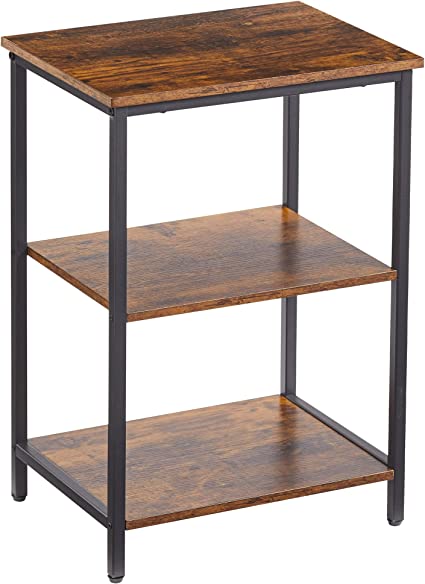 VECELO End Side Table with Storage Shelf, Industrial Night Stand, 3-Tier Small Nightstand for Living Room, Bedroom, Brown