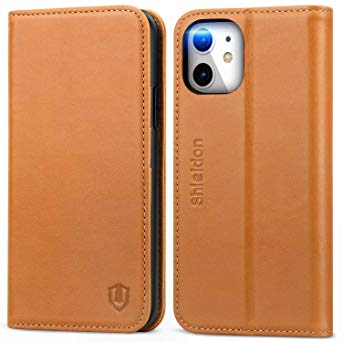 SHIELDON iPhone 11 Case, Genuine Leather iPhone 11 Wallet Magnetic Shock Absorbing Protective Case RFID Blocking Card Holder Kickstand Compatible with iPhone 11 (6.1 Inch, 2019 Release) - Brown