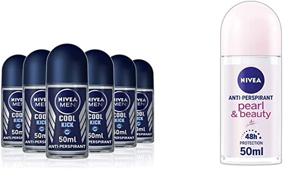 NIVEA MEN Cool Kick Anti-Perspirant Deodorant Roll On Pack of 6 (6 x 50 ml), Men's Anti-Perspirant Deodorant & Pearl & Beauty Anti-Perspirant Deodorant Roll-On (50 ml, Pack of 6)