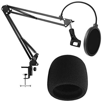 PEYOU for Blue Yeti Mic Stand and Pop Filter, Heavy Duty Microphone Suspension Boom Scissor Arm Stand with Mic Clip Holder and Table Mounting Clamp and Foam Windscreen for Blue Yeti Yeti Pro, Perfect for Recordings, Broadcasting, Streaming, Singing