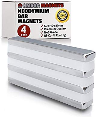Strong Neodymium Bar Magnets (4 Pack) - Powerful, Rectangular Rare Earth Magnets - N45 Industrial Strength NdFeB Block Magnet Set for Misti, DIY, Crafts - 60 x 10 x 5mm