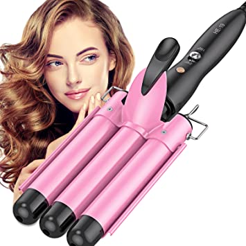 3 Barrel Hair Waver, BESTOPE Hair crimpers/Tongs 25mm Hair Curling Iron Tourmaline Ceramic Curling Wand Beach Wave for Long Hair Styling with 2 Temperature Mode Control (Pink)