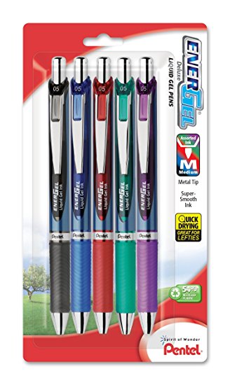 Pentel EnerGel RTX Retractable Liquid Gel Pen, 0.5mm, Metal Tip, Assorted Ink, Pack of 5 (BLN75BP5M)