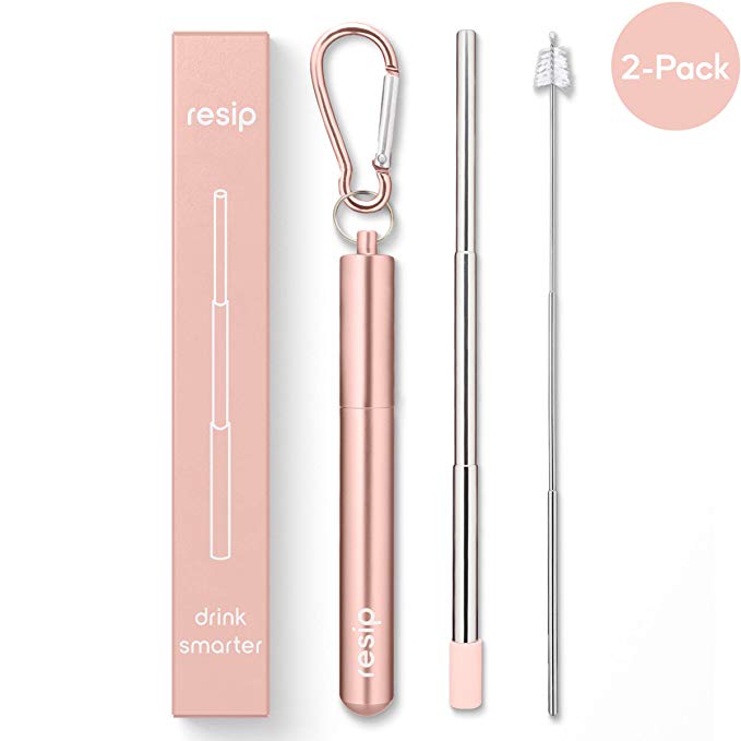 Portable Reusable Drinking Straws | Collapsible & Foldable Telescopic Stainless Steel Metal Straw Dispenser | Final Aluminum Case, Long Cleaning Brush, Silicone Tip | Rose Gold | 2-Pack
