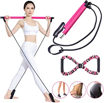 BQYPOWER Pilates Bar Kit with Resistance Band, Portable Yoga Pilates Stick 8 Shape Chest Rally Pull Rope Muscle Toning Bar Home Gym Pilates Body Shaping Pilates Stick (red) (Blue)