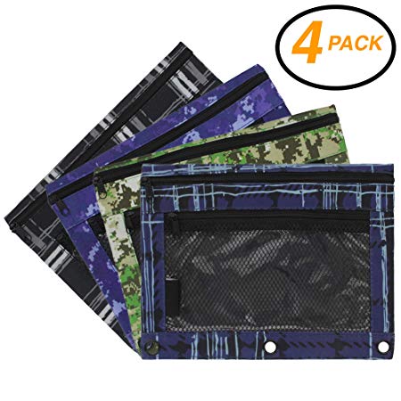 Emraw Legacy Style Double Pocket Zippered Pencil Pouches with 3-Ring Grommet Holes & Quick View Mesh Pocket – Set Include 4 Different Legacy Styles (4 Pack)