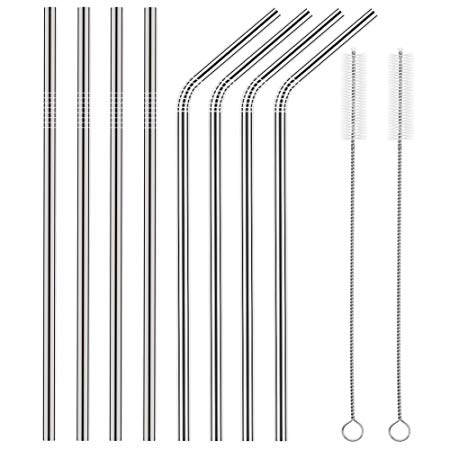 Zibet Stainless Steel Straws,FDA-Approved,10.5-Inch Drinking Metal Straws For 14-40 oz Tumblers,Water Bottles,Travel Mugs,Cups,Cold Beverage - Set of 8 (4 Straight,4 Bent,2 Cleaning Brushes)