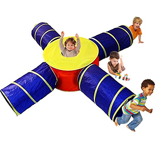 Kids Tunnel - Toy Cubby Pop-up Developmental 4 Way Game-house - Indoor & Outdoor Play - Children's favorite Crawl Discovery Pavilion Tent.