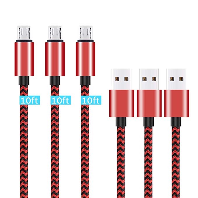 Micro USB Cable,[10ft3Pack] by Ailun,High Speed 2.0 USB A Male to Micro USB Sync & Charging Nylon Braided Cable for Android Smartphone Tablets Wall and Car Charger Connection [RedBlack]
