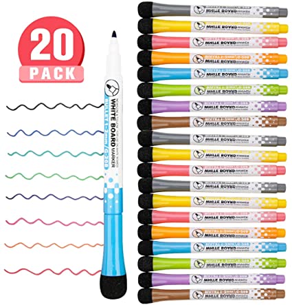 Magnetic Dry Erase Markers, Low Odor 20 Pcs 8 Color White Board Markers with Eraser Cap, Non-Toxic Dry Erase Markers Pens Perfect for Glass/Plastic/Whiteboard/School/Office